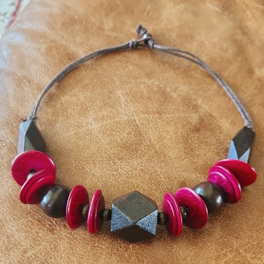 BOHO Wooden Pink Brown Beaded Chunky Necklace